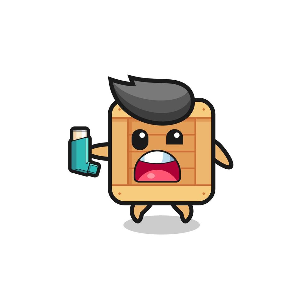 wooden box mascot having asthma while holding the inhaler vector