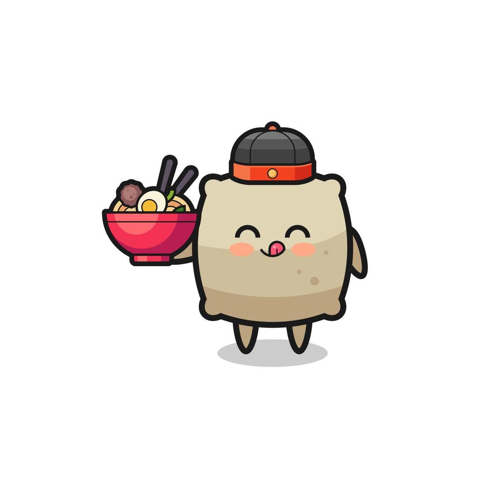 sack as Chinese chef mascot holding a noodle bowl vector