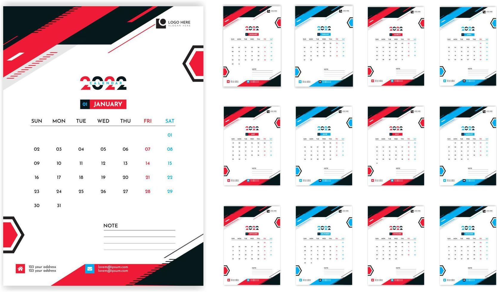 Wall calendar 2022 template design vector