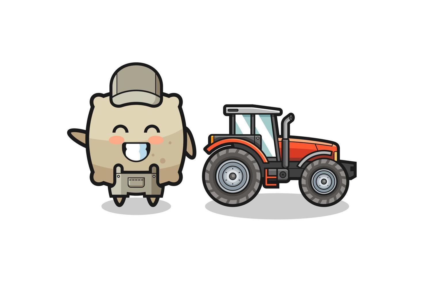 La mascota del granjero de sacos de pie junto a un tractor. vector