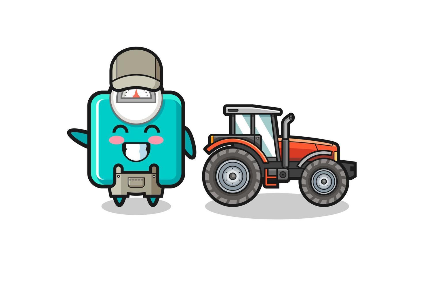 la mascota del granjero de la báscula de pie junto a un tractor vector
