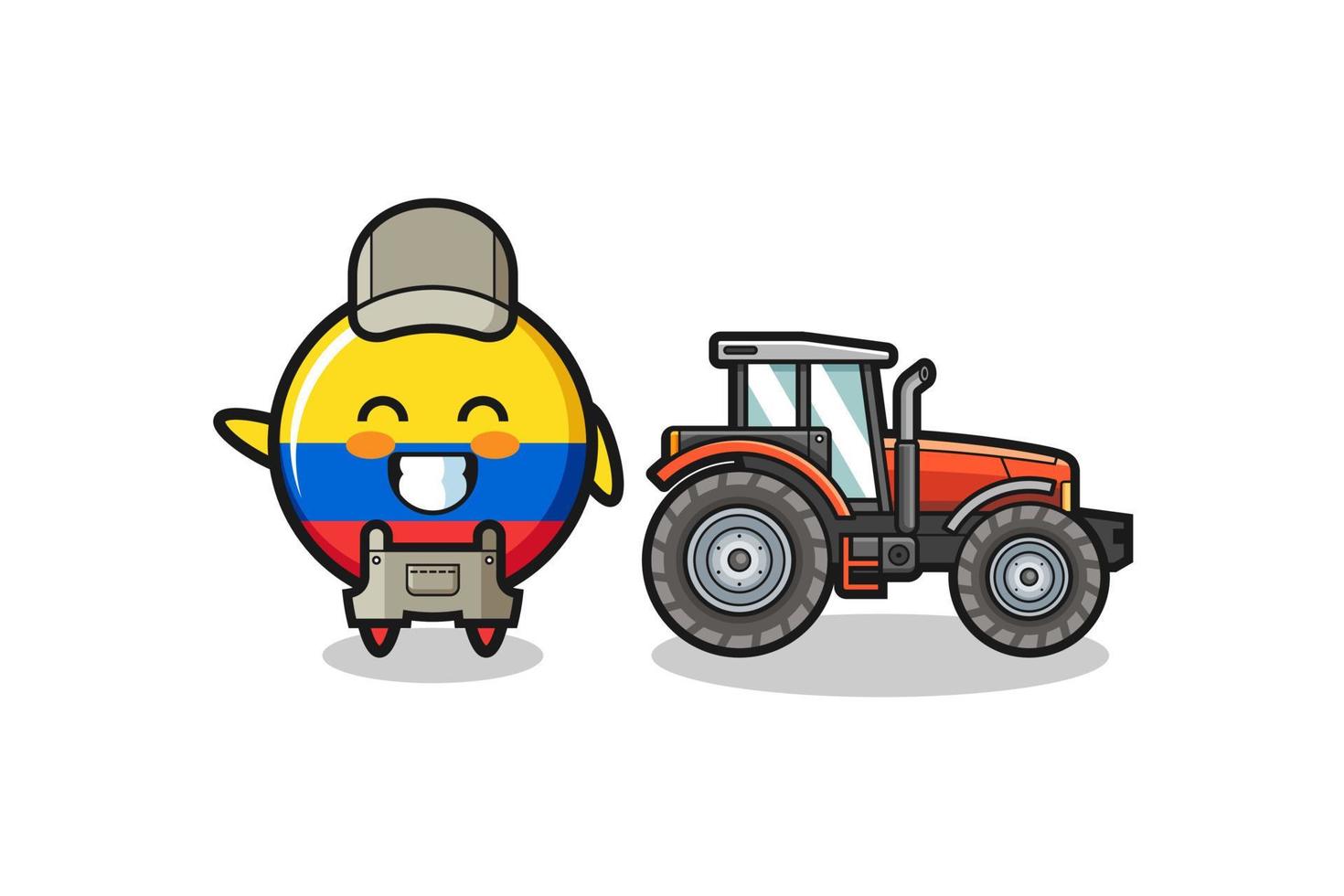 La mascota del granjero de la bandera de Colombia de pie junto a un tractor vector