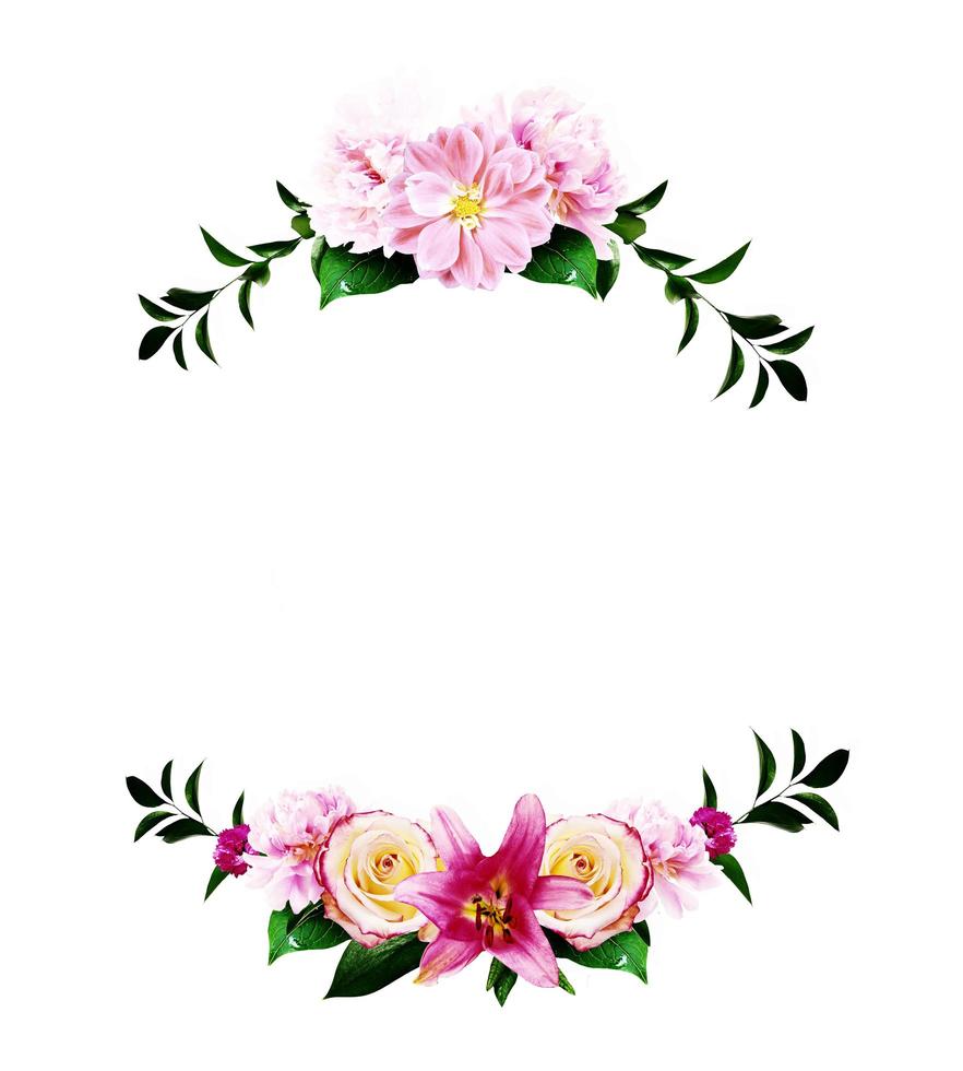 Frame Made from Summer Pink Flowers and Green Leaves Isolated on photo