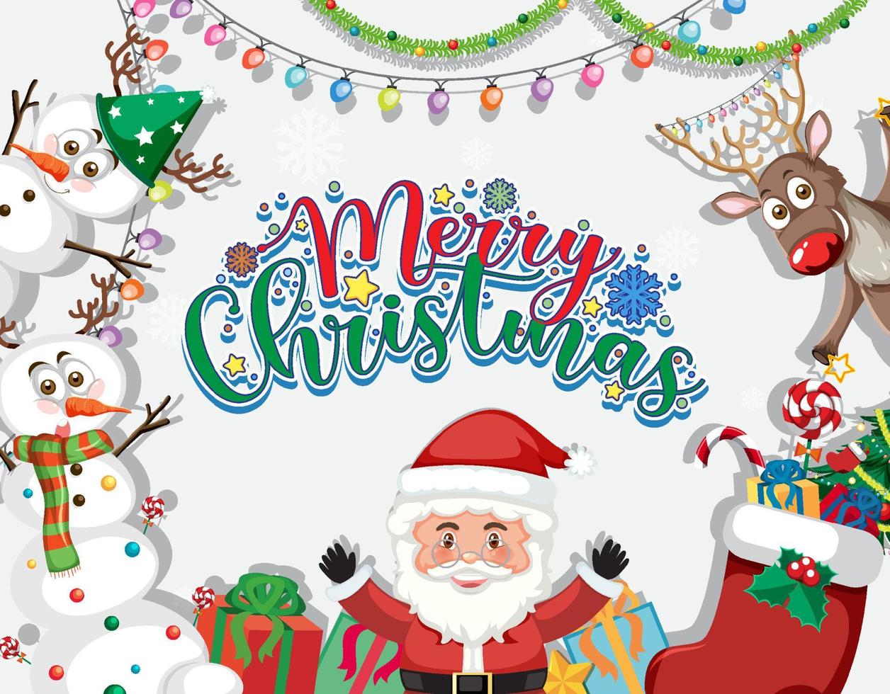 feliz navidad letras logo de fuente con santa y adornos navideños vector