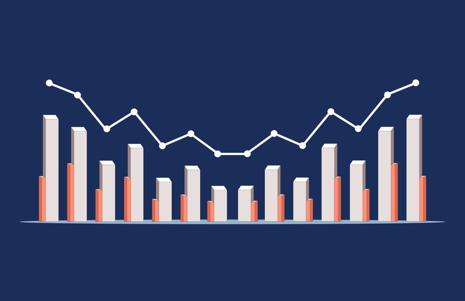 Bar and line vector graphic chart, showing the performance progress of achieving the target increase and decrease