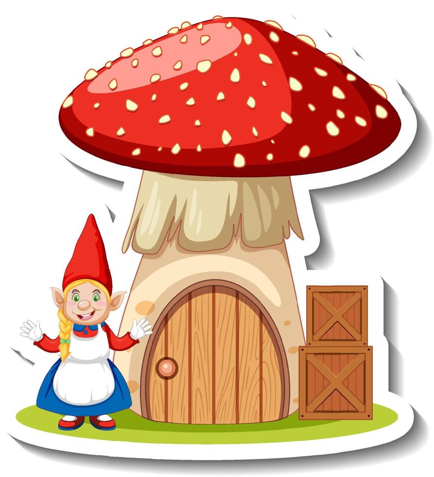 A sticker template with garden gnome and mushroom house vector