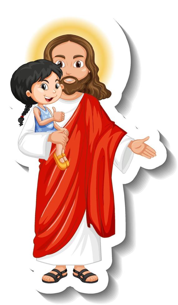 Jesucristo sosteniendo una pegatina de niño sobre fondo blanco. vector