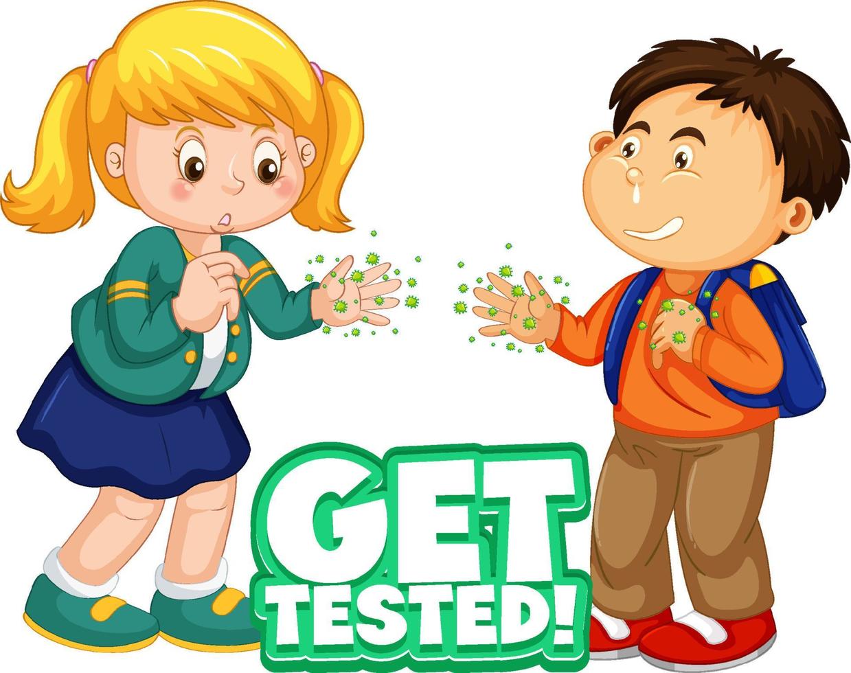 Two kids cartoon character do not keep social distance with Get tested font isolated on white background vector