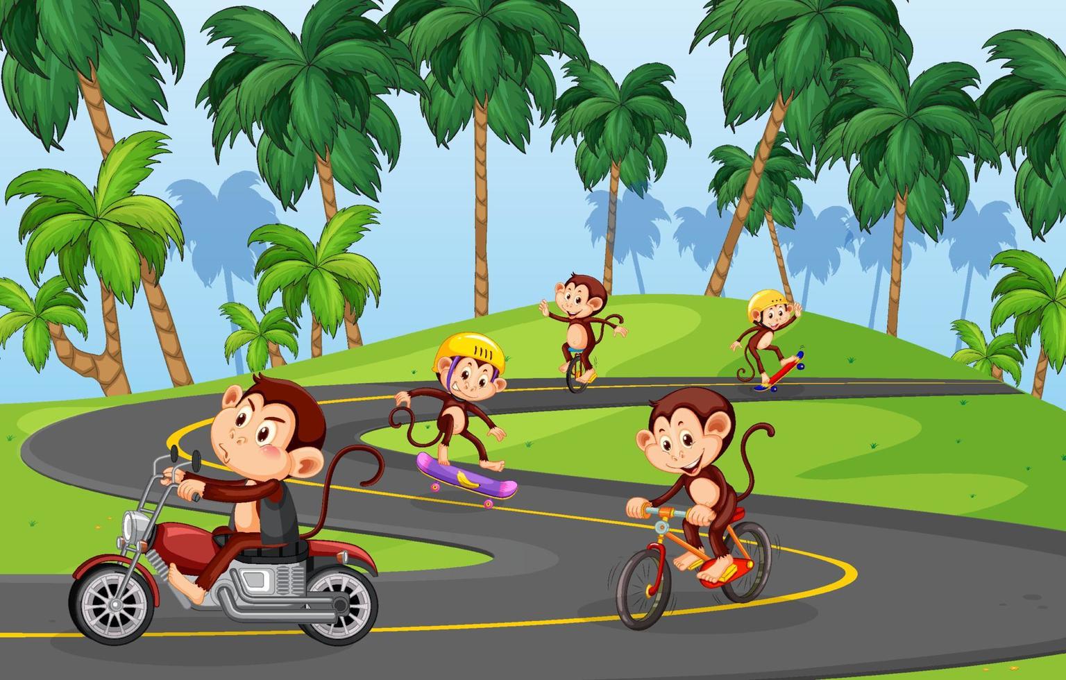 Road scene with monkey cartoon character vector