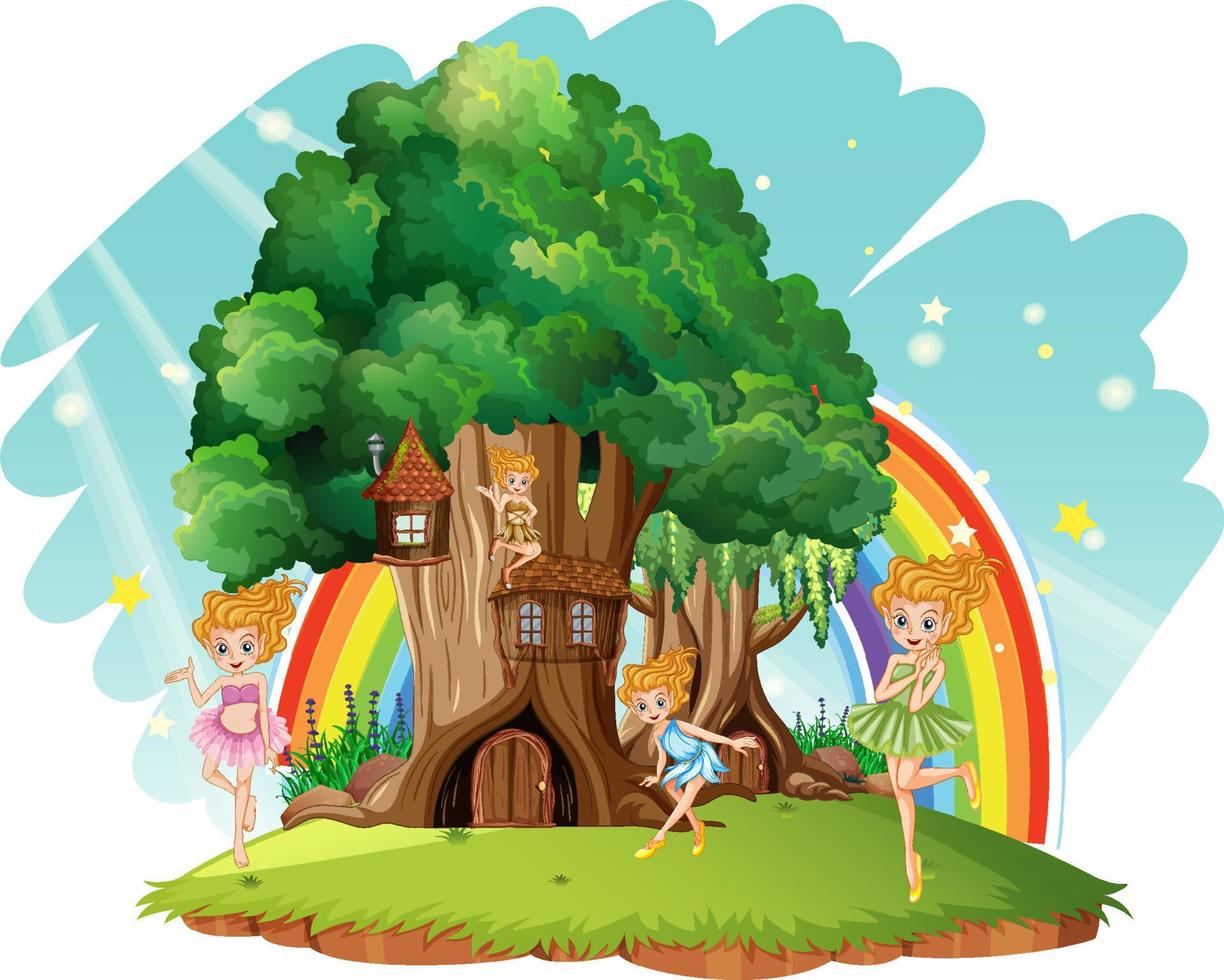 Fantasy tree house inside tree trunk with fairies vector