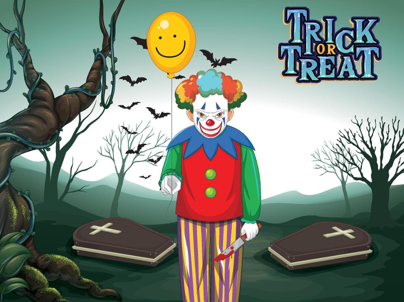 Creepy clown holding balloon on dark cemetery forest background vector