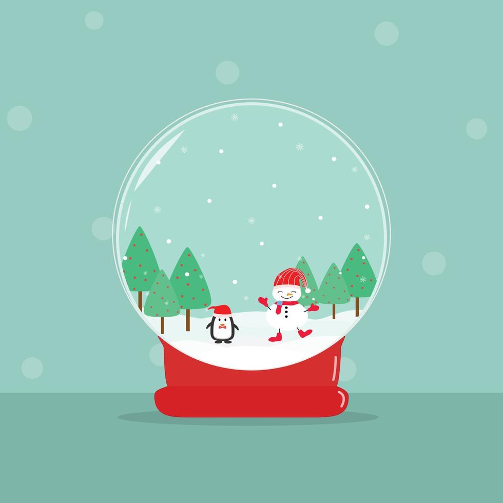 Vector - Beautiful Merry Christmas snow globe. Snowman and penguin dancing with green tree. Holiday season greeting. Happy New Year, Thanksgiving, Boxing day. Copy space.