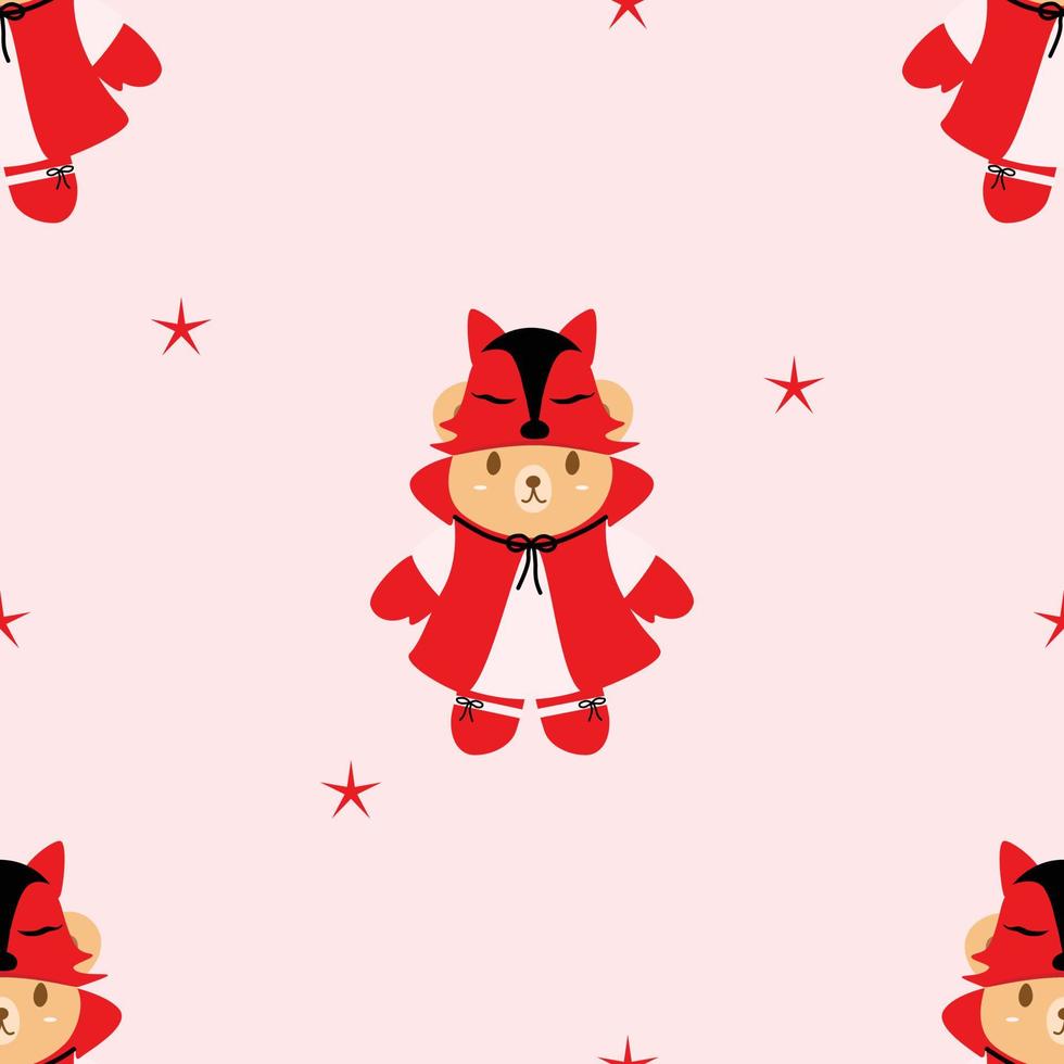 Vector - Abstract seamless pattern of cute Teddy bear wearing Santa Claus dress and fox hat with little star on pink background. Holiday season. Can be use for print, paper, wrapping, fabric.