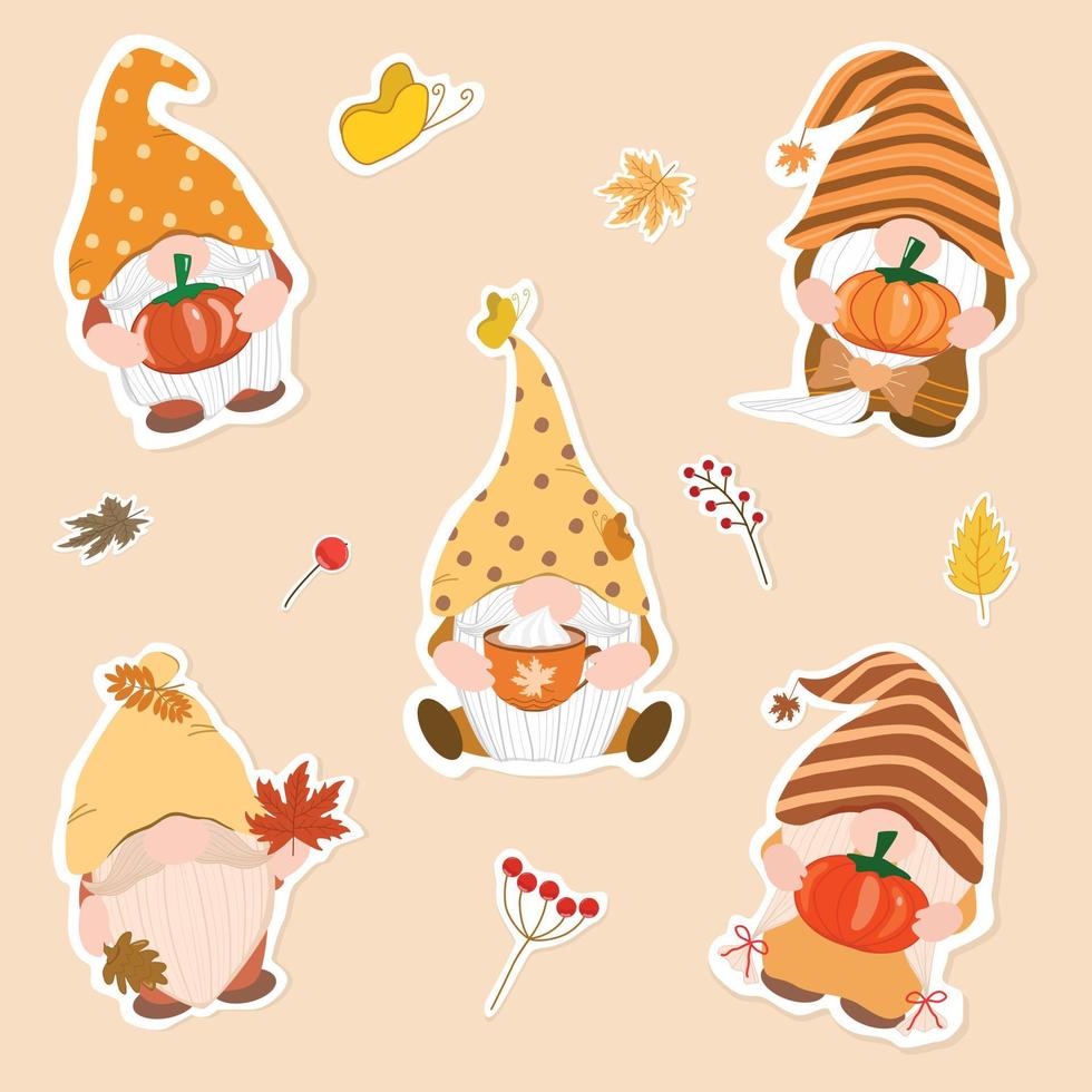 Vector - Collection of Gnome holding maple leaves, pumpkin, a cup of coffee. Autumn,Fall  season. Clip art. Can be use decorate any card, sticker,  print paper.