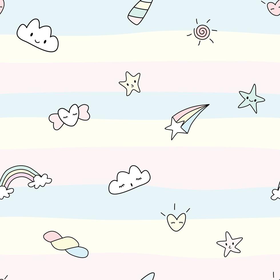 Vector - Abstract seamless pattern of unicorn concept. Cute character of Cloud, sky, star, hearts, rainbow. Can be use for any card, postcard, print, paper, wallpaper, fabric.