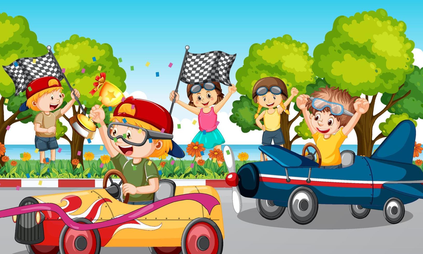 Escena al aire libre con coche de carreras para niños. vector