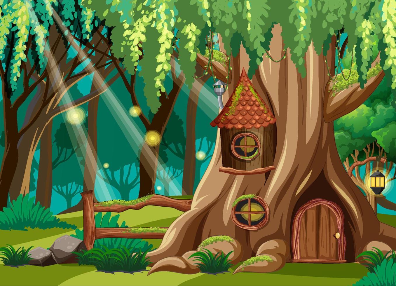 Escena de bosque de fantasía con casas en los árboles. vector