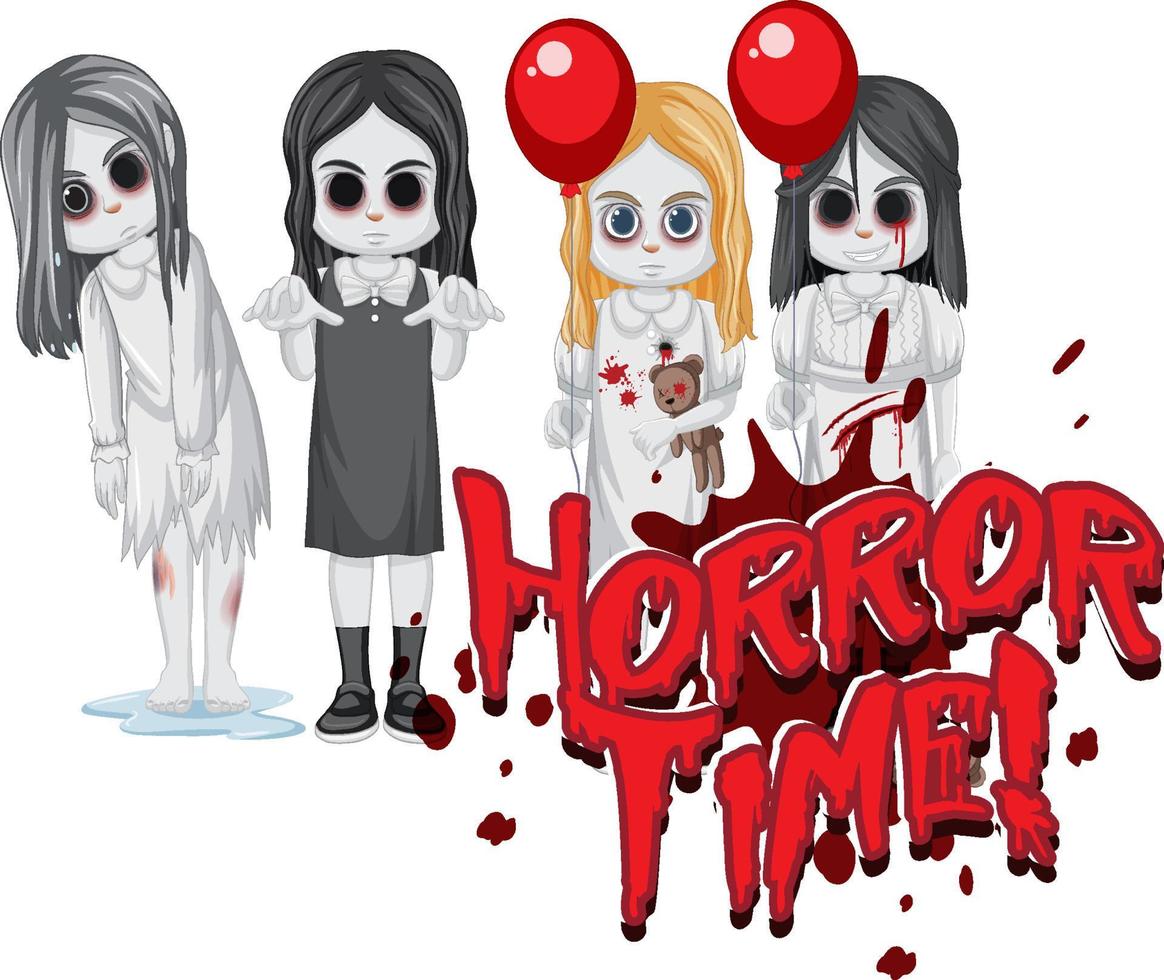 Horror Time text design with creepy ghost girls vector