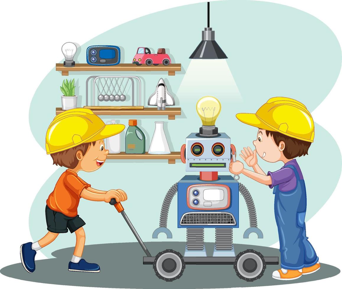Children fixing a robot together vector