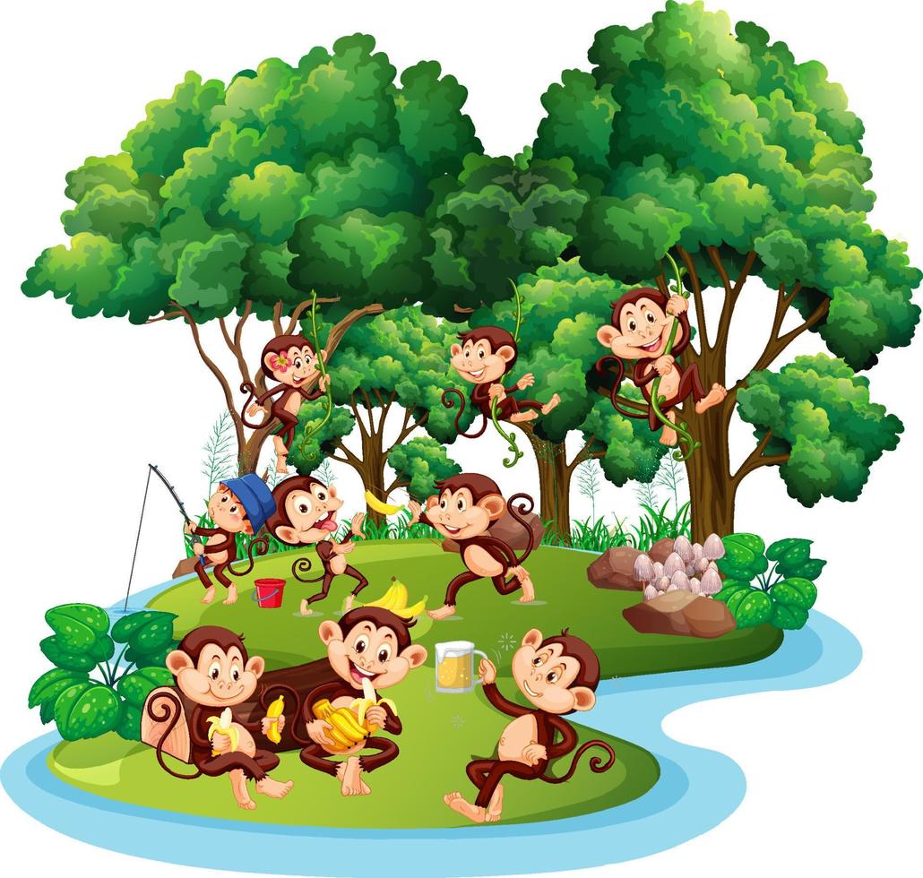 Isolated forest with many cute monkeys vector