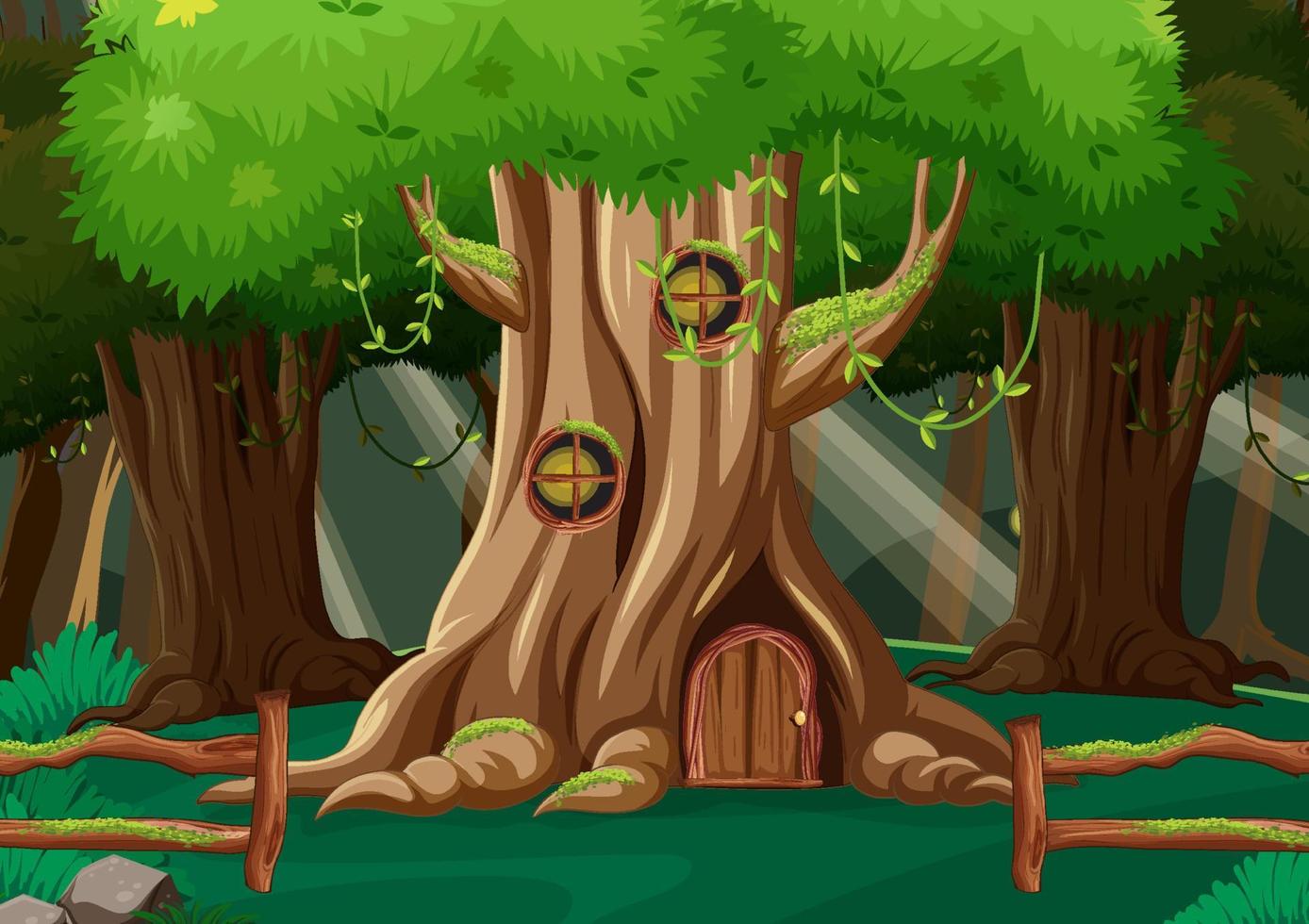 Fondo de bosque de fantasía con casa en el árbol vector