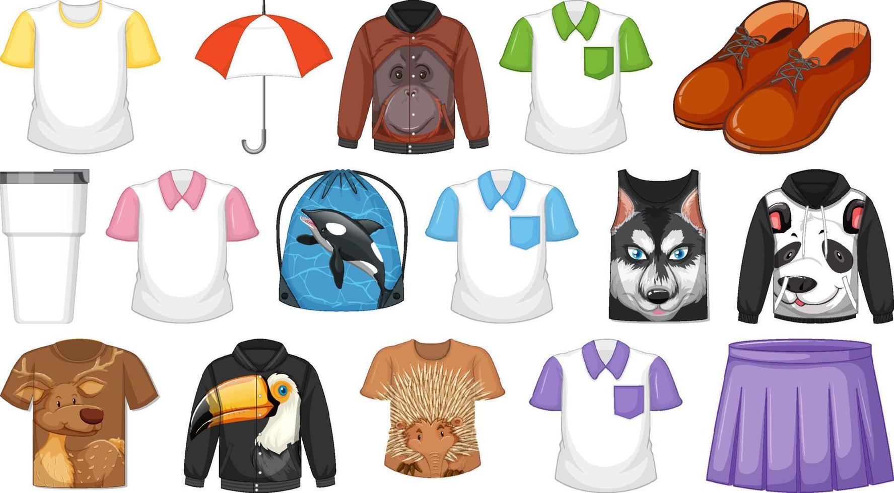 conjunto de diferentes camisetas y accesorios con estampados de animales. vector