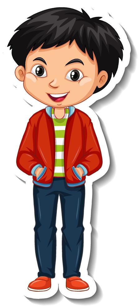 An asian boy wears red jacket cartoon character sticker vector