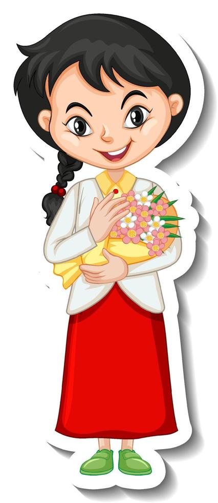 una niña con personaje de dibujos animados de ramo de flores vector