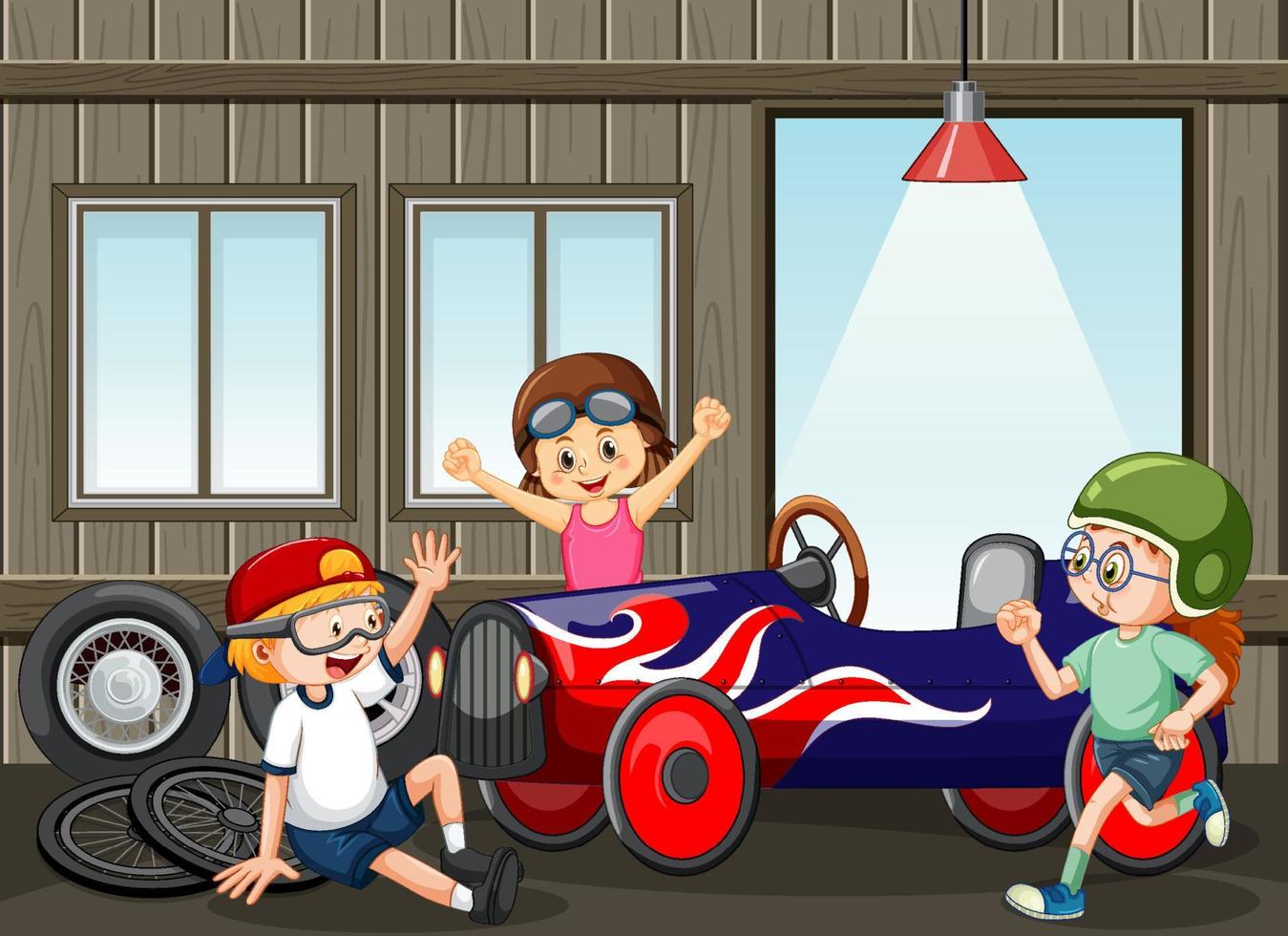 Garage scene with children fixing a car together vector