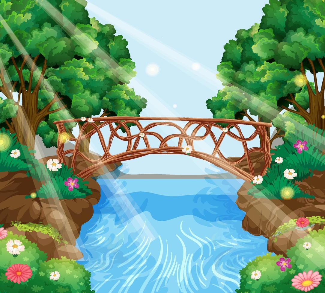 Enchanted garden background with stone bridge vector