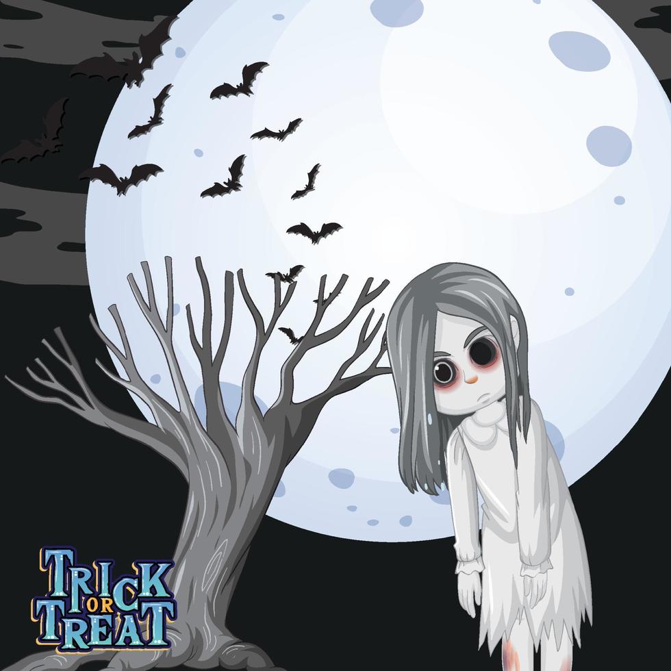 Ghost girl with black eyes on full moon background vector