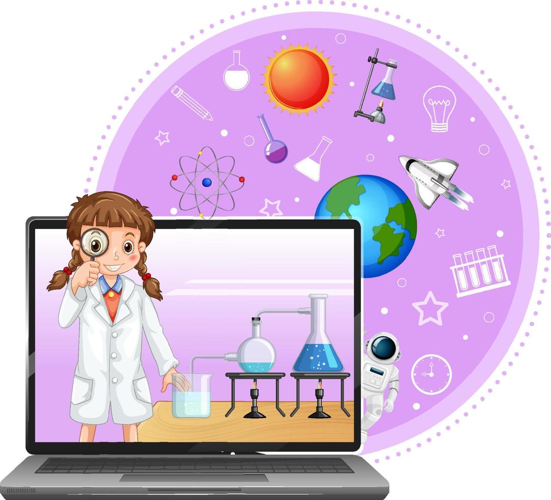Portátil con personaje de dibujos animados de niño científico vector
