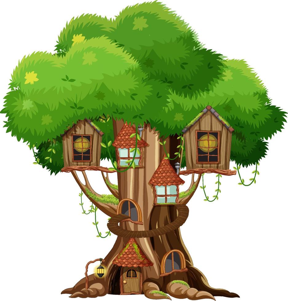 Fantasy tree house inside tree trunk on white background vector