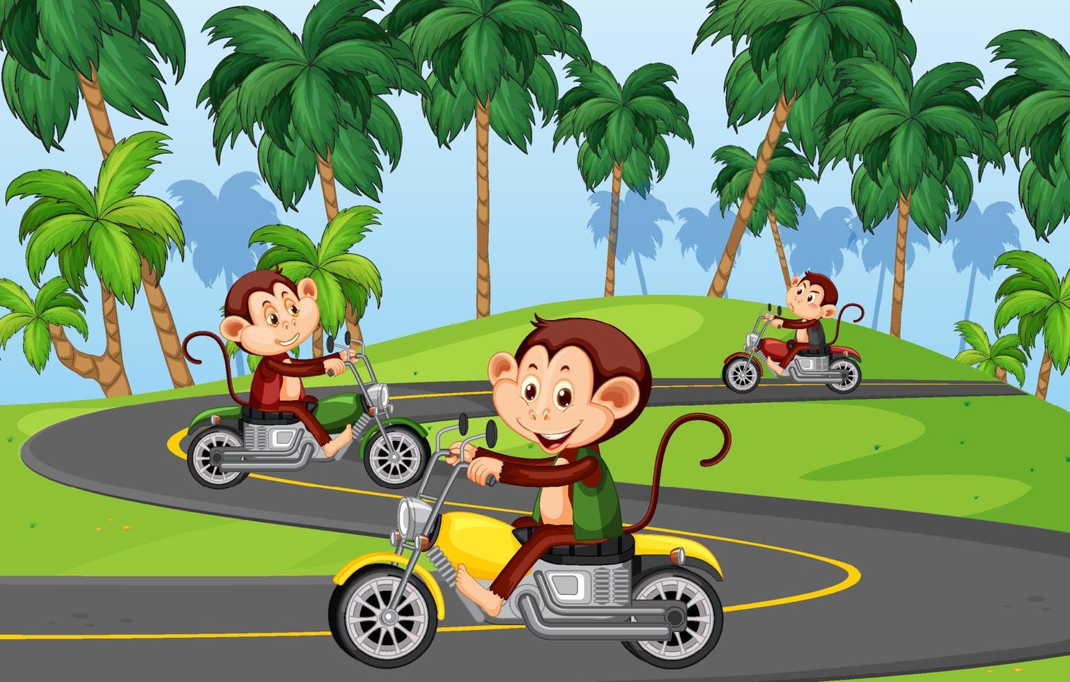 Escena de pista de carreras con monos montando motocicletas. vector