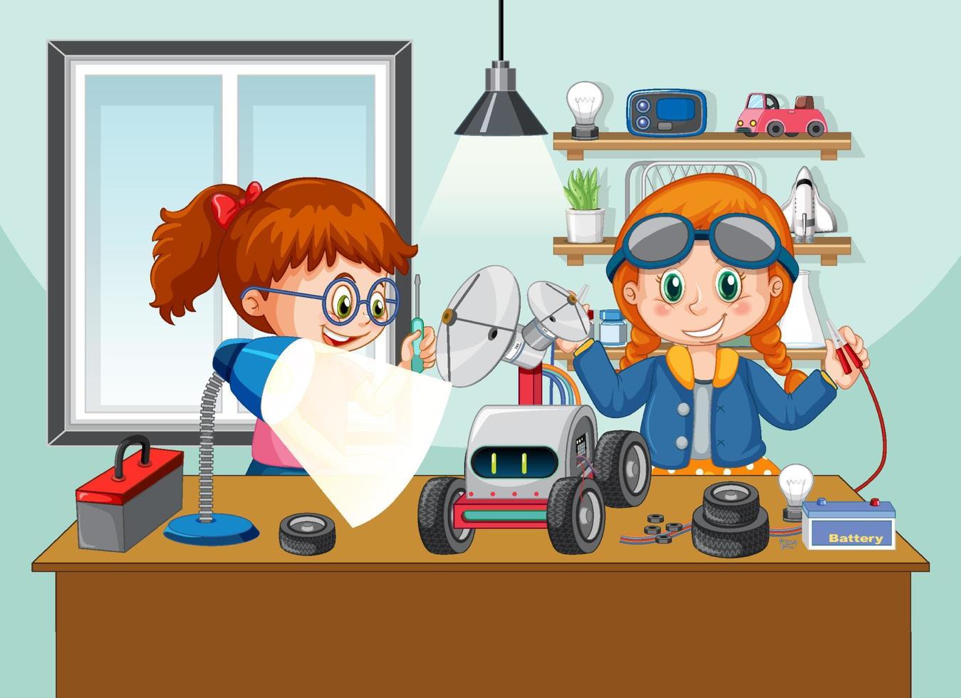 Children fixing a robot together in the room scene vector