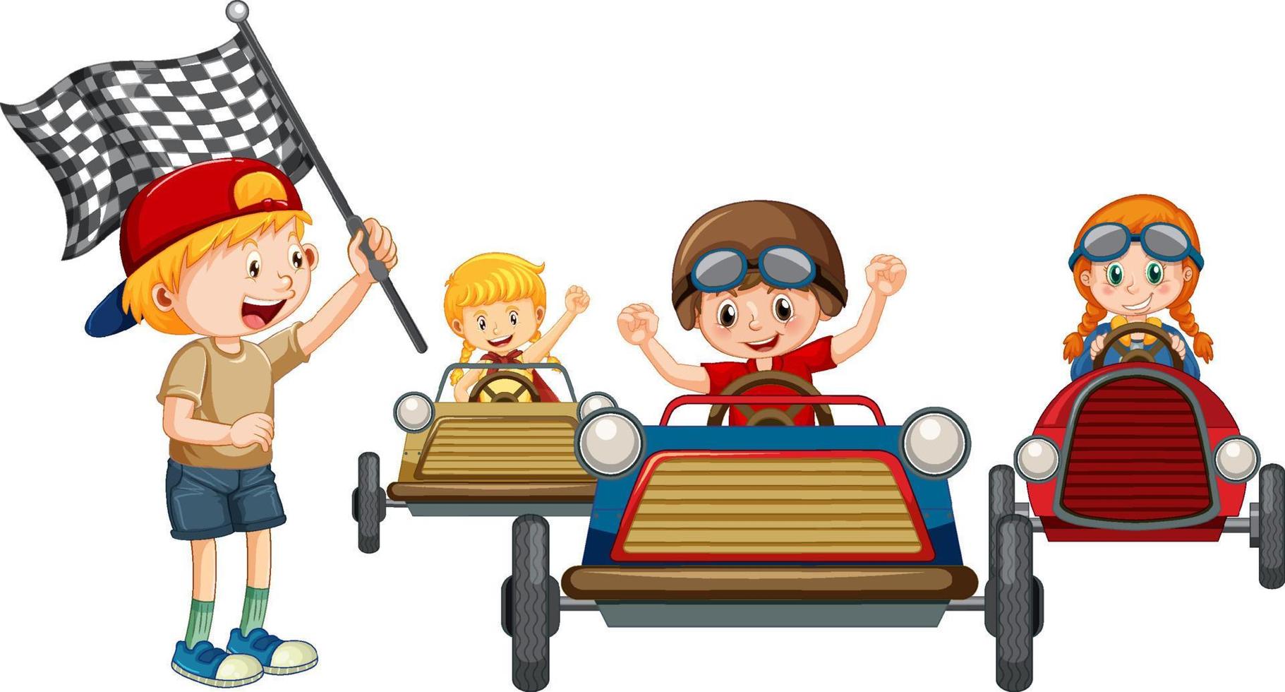 Children racing car together vector