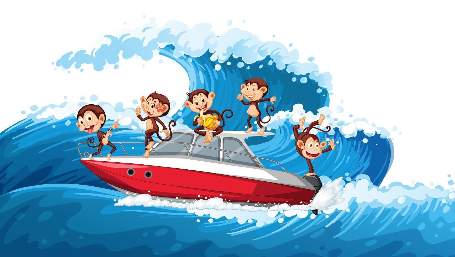 Little monkeys on speed boat on ocean wave vector