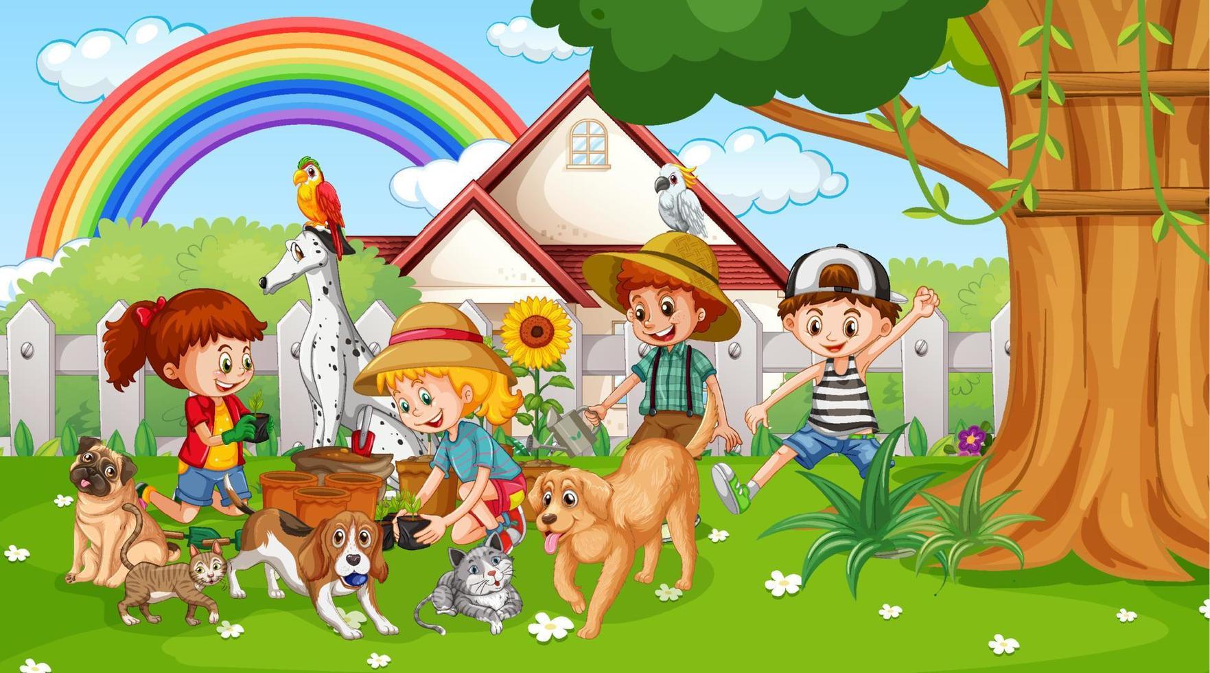 Park scene with children playing with their animals vector