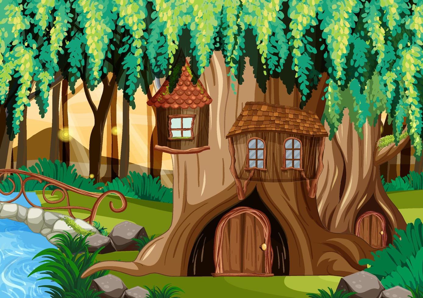 casa del árbol de fantasía en el bosque vector