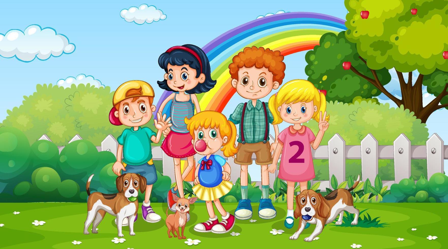 Park scene with children playing with their animals vector