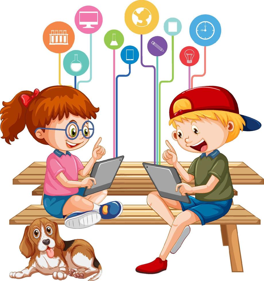 School kids using tablet with a cute dog vector