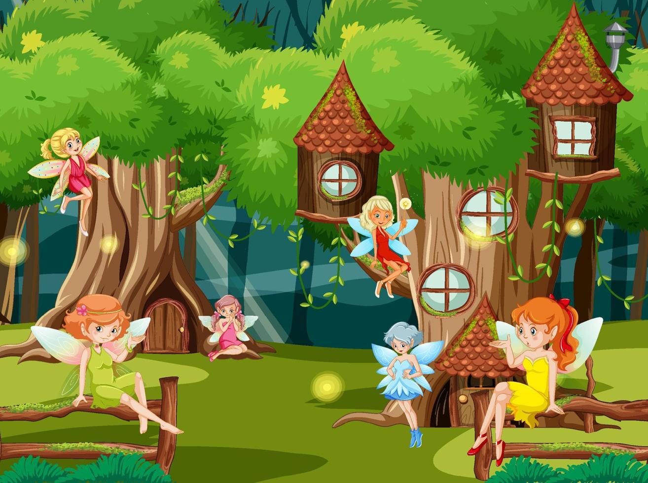 Fantasy forest with cute fairies vector