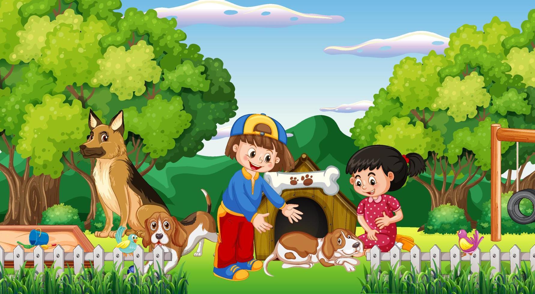 escena al aire libre con niños jugando con perros. vector