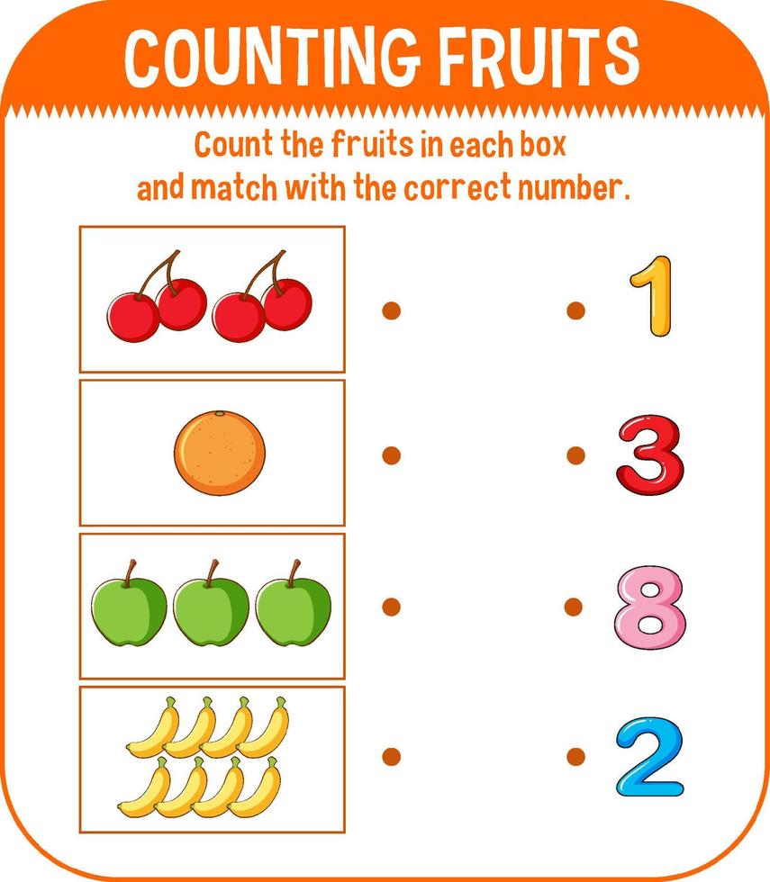 Plantilla de juego de matemáticas con contar frutas vector