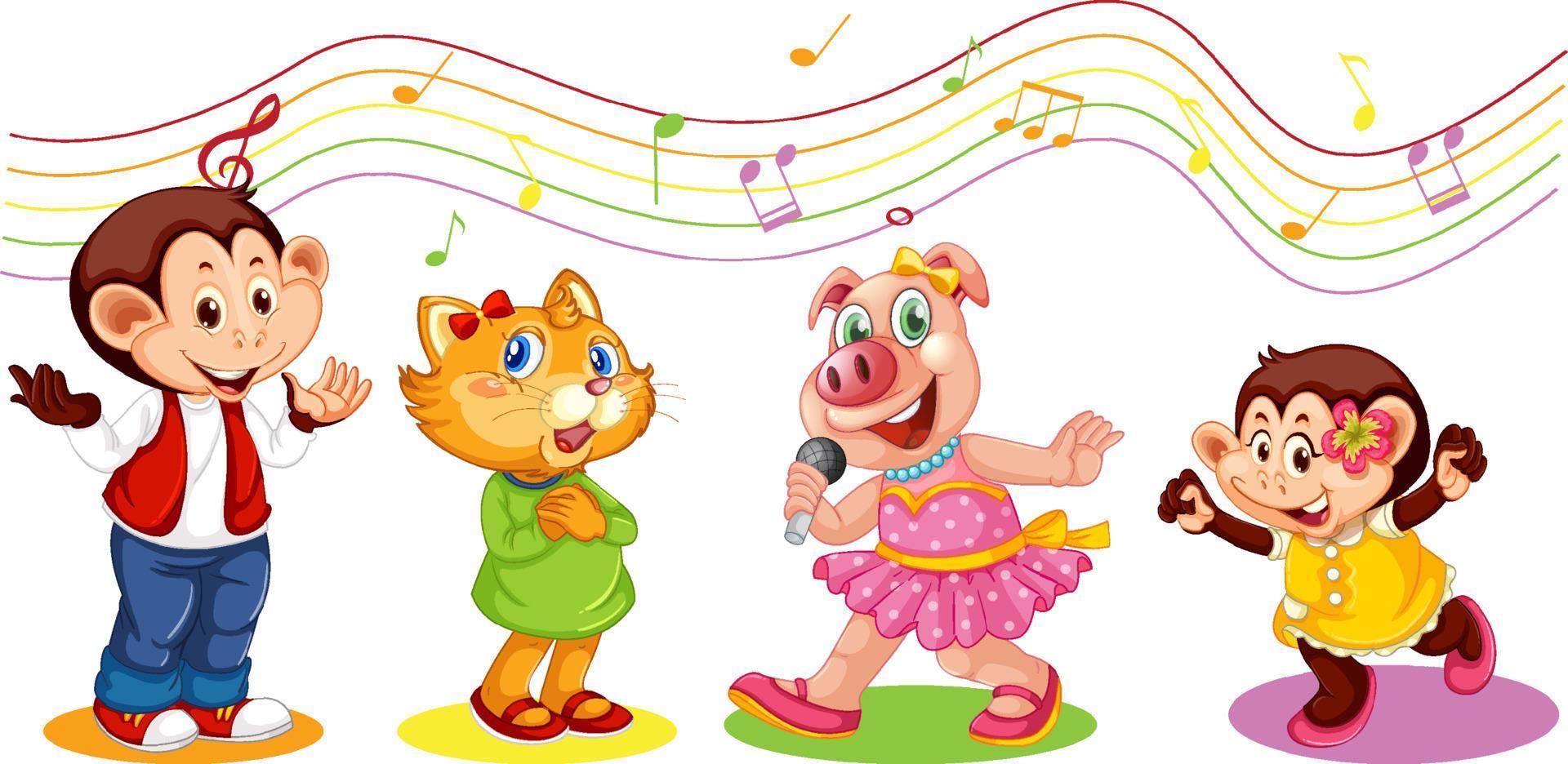 Cute animals performance singing with melody symbols vector