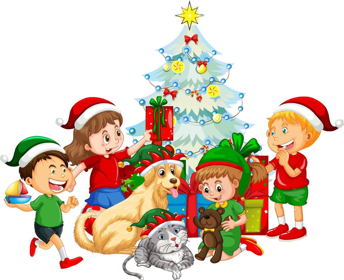 niños y perros en tema navideño. vector