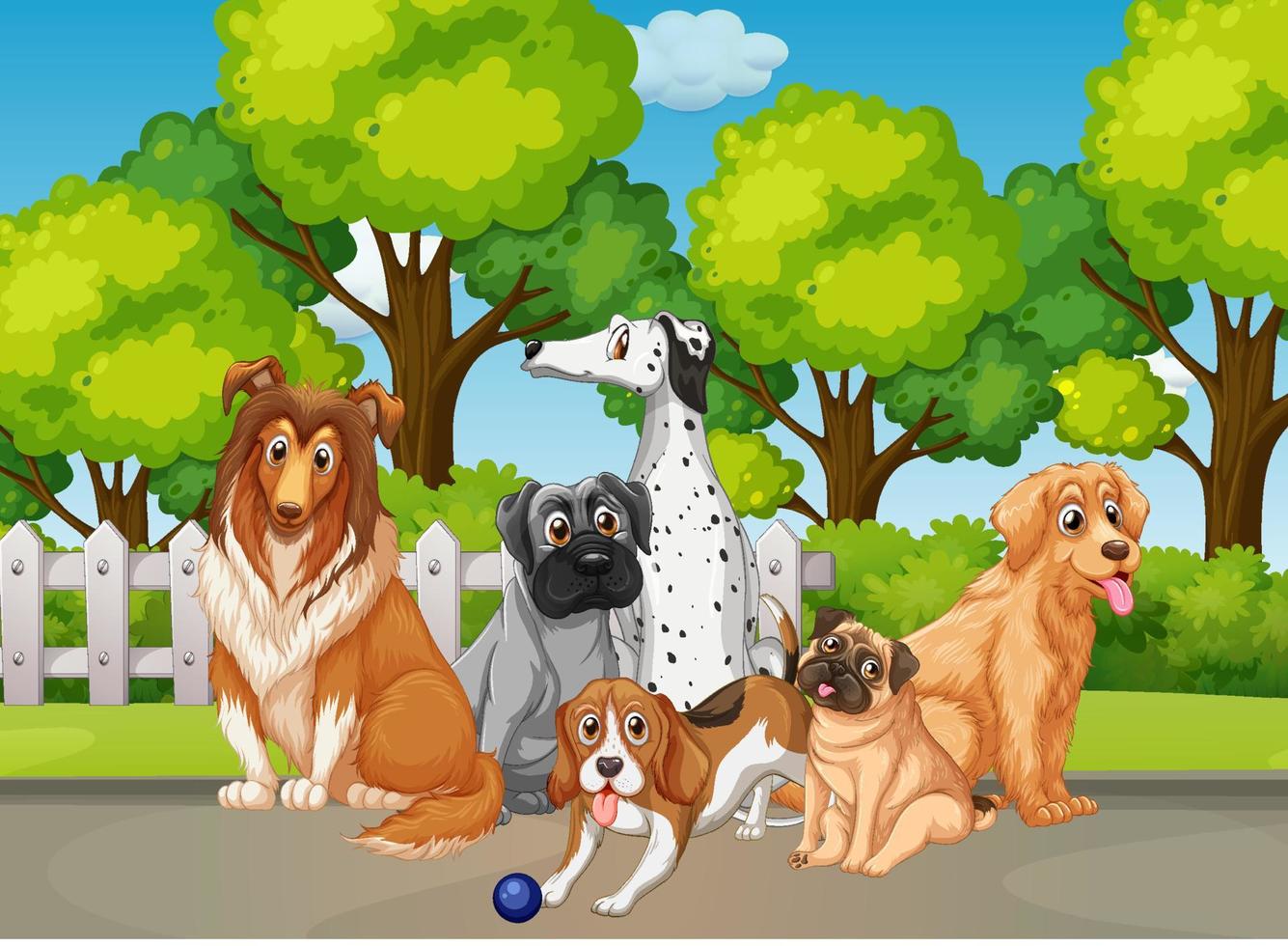 Escena de la naturaleza del parque con muchos perros diferentes. vector