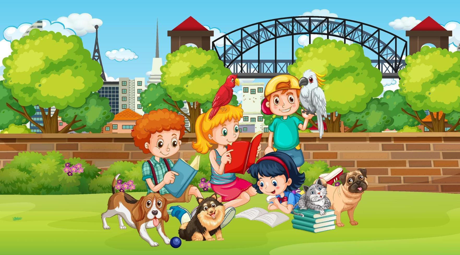 Park scene with children playing with their animals vector