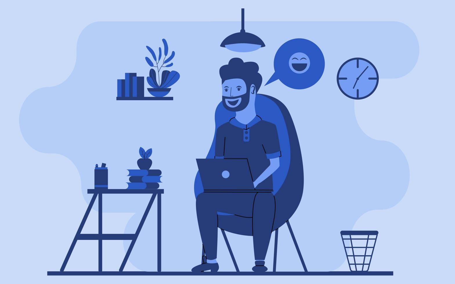 Freelancer Concept Flat Illustration Vector Design Happy Freelancer Working at Home Guy Sitting on Armchair Using Laptop Online Chatting Smiling Vector Illustration for Working at Home Distance Work