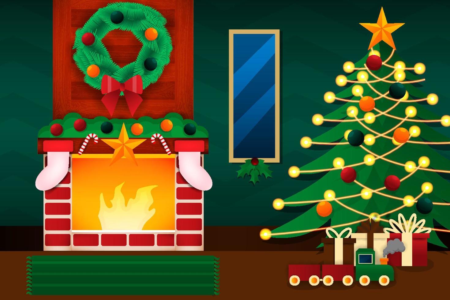 Christmast Background Scene Flat Vector Design with Fireplace